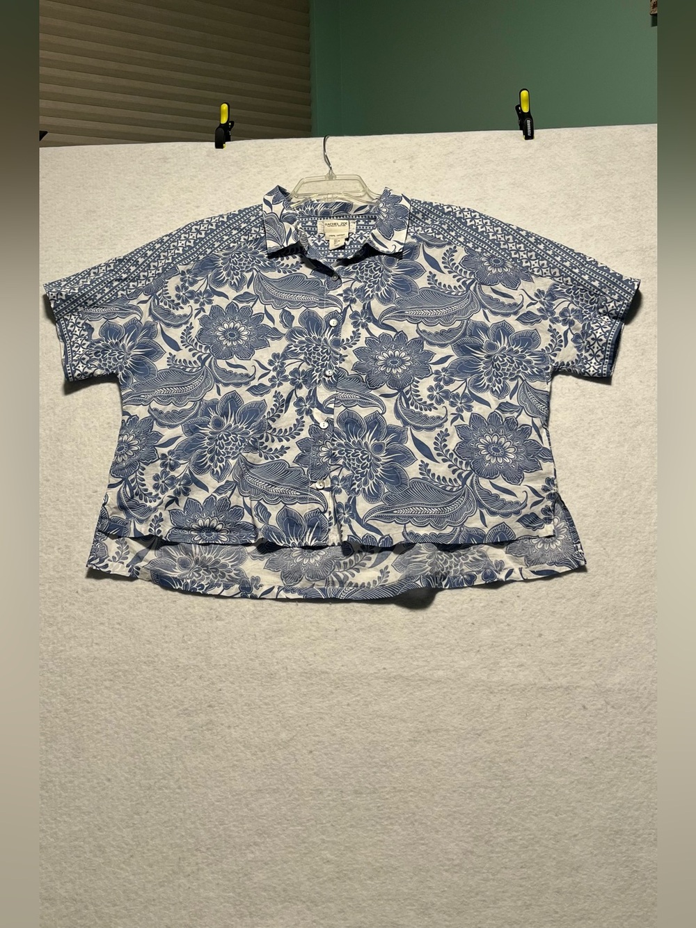 Rachel Zoe Blue and White Printed Cotton Button-Up Shirt